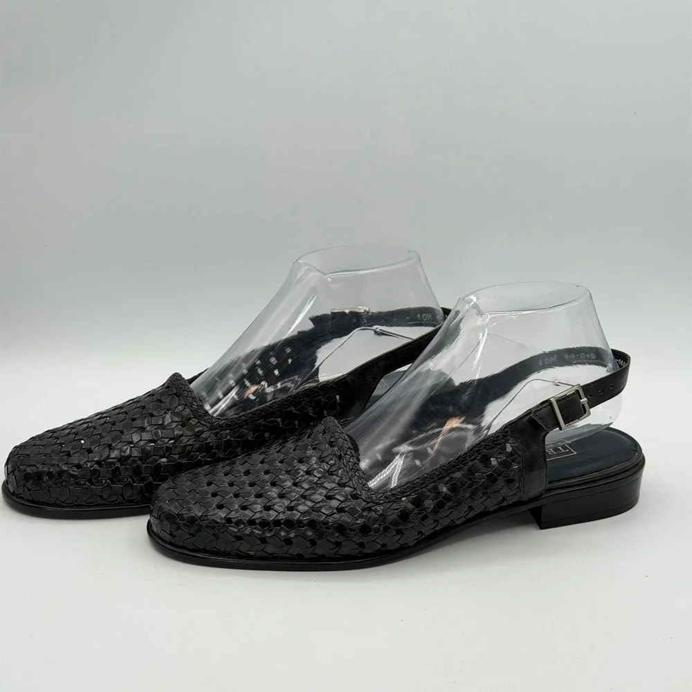 Trotters Lea Woven Leather Slingback Flats Women 10M Black Brazil Classic Office